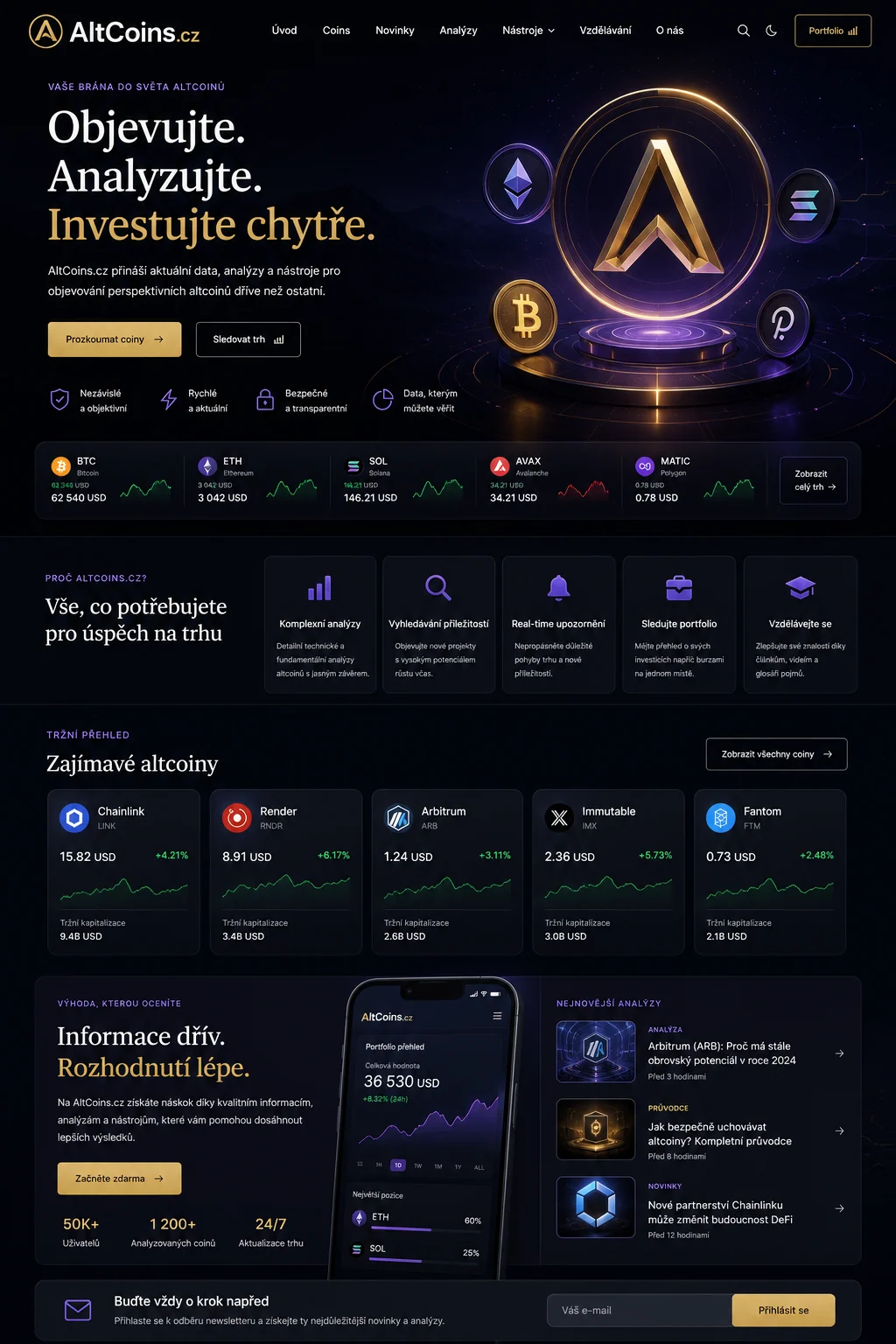 Vizuální návrh možného projektu Altcoins.cz zaměřeného na alternativní kryptoměny, data a vzdělávání