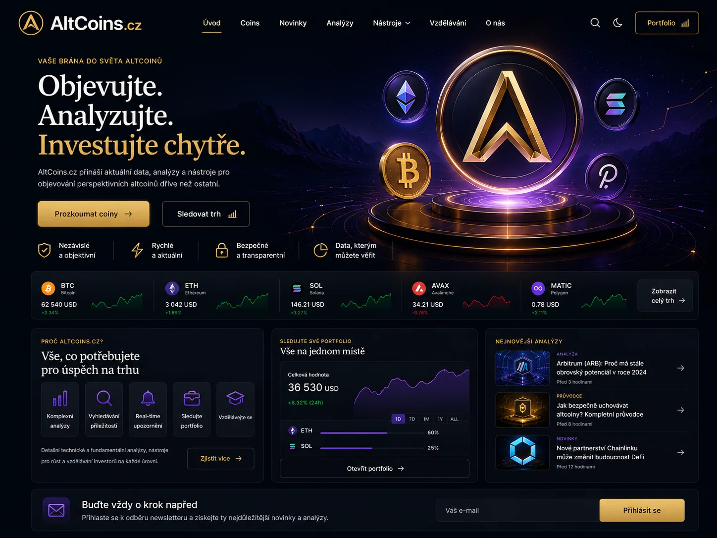 Vizuální návrh možného projektu Altcoins.cz zaměřeného na alternativní kryptoměny, data a vzdělávání